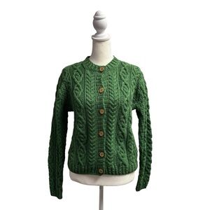 NEW Carraig Donn 100% Merino Wool Knit Aran Cable Sweater Cardigan Green Small